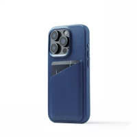 Ilustracja produktu Mujjo Full Leather Wallet Case - etui skórzane do iPhone 15 Pro kompatybilne z MagSafe (monaco blue)